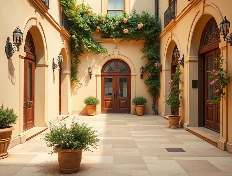 Elegant European courtyard paved with Dijon limestone slabs